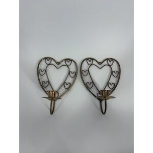 Vintage Style Heart Wall Sconces Brass Tone Metal Candle Holders Pair